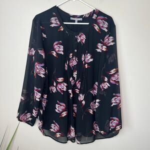 Daniel Rainn Plus-Size 2X Floral Mixed Media Blouse Pleated Sheer Sleeves Button